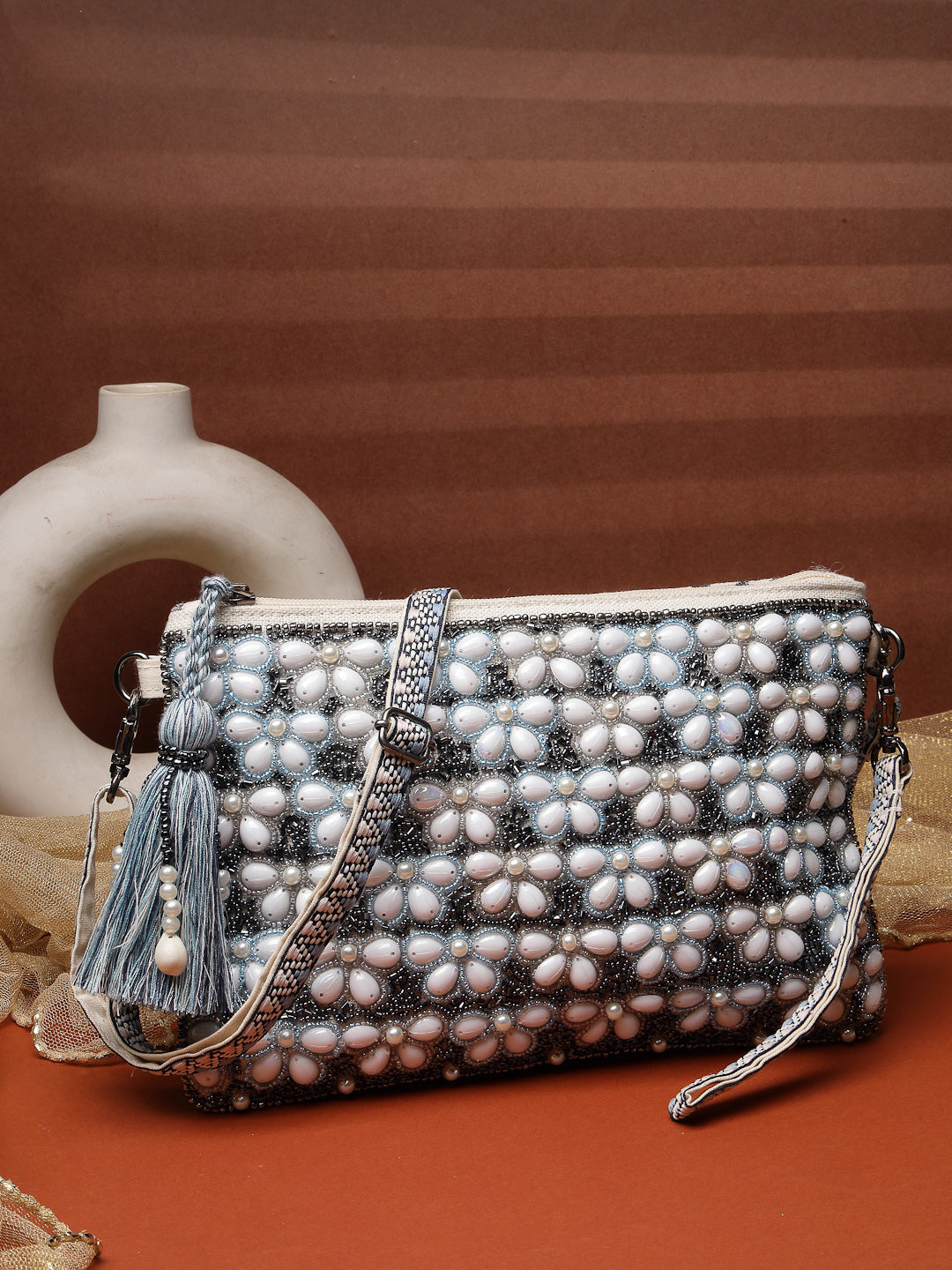Anekaant Petal Posh Navy Blue & Off White Beaded Cotton Jacquard Sling Bag