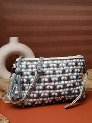 Anekaant Petal Posh Navy Blue & Off White Beaded Cotton Jacquard Sling Bag