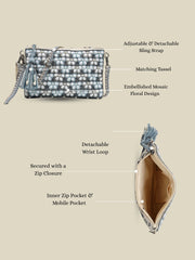 Anekaant Petal Posh Navy Blue & Off White Beaded Cotton Jacquard Sling Bag