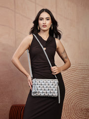 Anekaant Petal Posh Navy Blue & Off White Beaded Cotton Jacquard Sling Bag