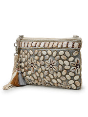 Anekaant Petal Posh Ivory & Antique Gold Hand Beaded Cotton Sling Bag