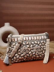 Anekaant Petal Posh Ivory & Antique Gold Hand Beaded Cotton Sling Bag