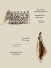 Anekaant Petal Posh Ivory & Antique Gold Hand Beaded Cotton Sling Bag
