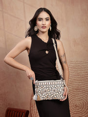 Anekaant Petal Posh Ivory & Antique Gold Hand Beaded Cotton Sling Bag