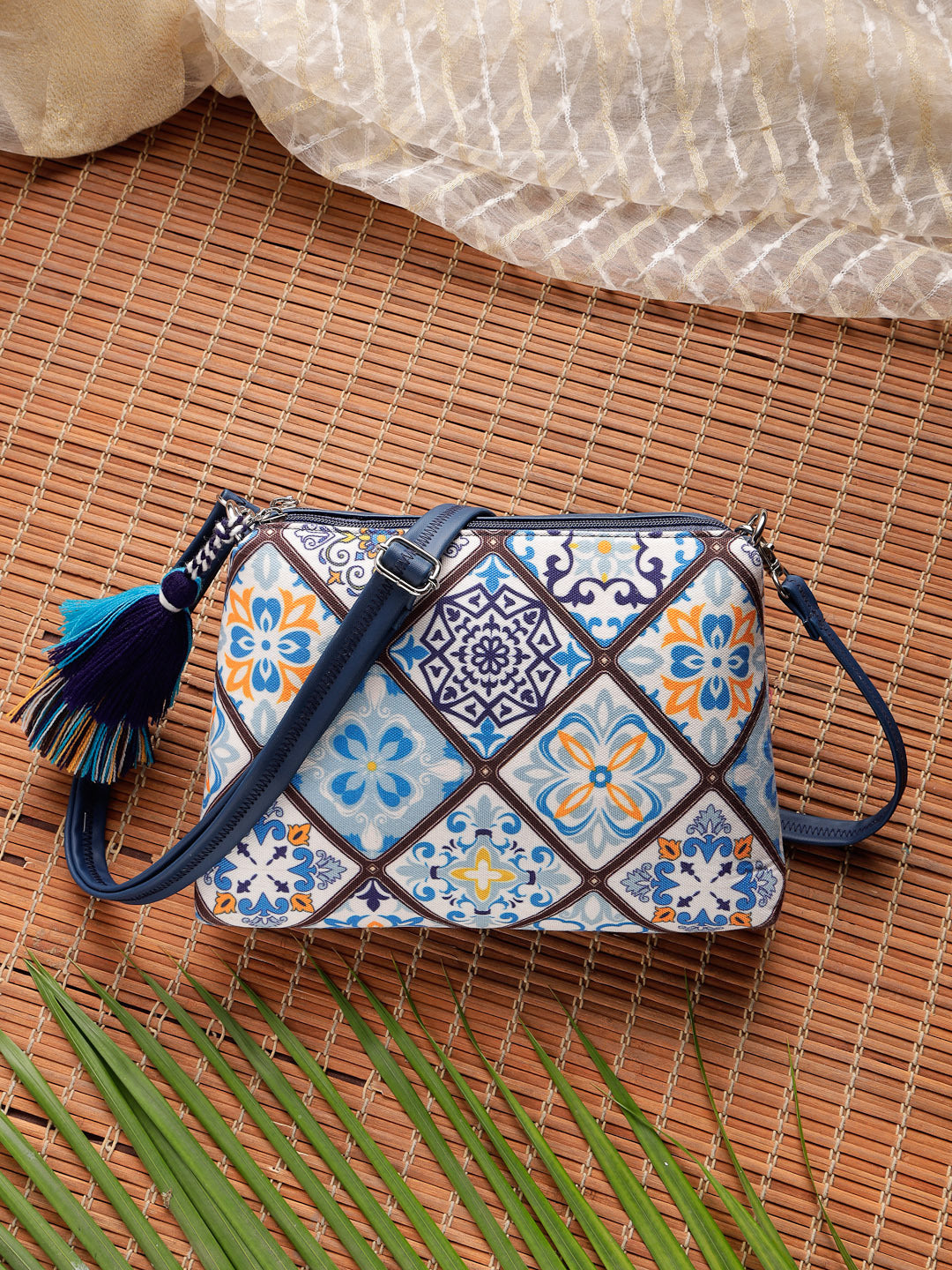 Anekaant Tile Trip Navy Canvas Geometric Printed Sling Bag