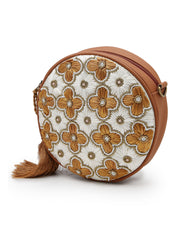 Anekaant Petal Posh Caramel Brown Embellished Cotton Canvas Sling Bag