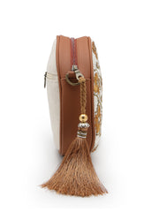 Anekaant Petal Posh Caramel Brown Embellished Cotton Canvas Sling Bag
