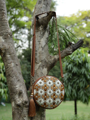 Anekaant Petal Posh Caramel Brown Embellished Cotton Canvas Sling Bag