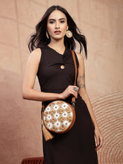 Anekaant Petal Posh Caramel Brown Embellished Cotton Canvas Sling Bag