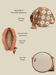 Anekaant Petal Posh Caramel Brown Embellished Cotton Canvas Sling Bag