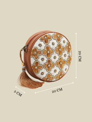 Anekaant Petal Posh Caramel Brown Embellished Cotton Canvas Sling Bag