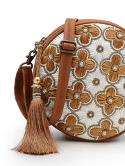 Anekaant Petal Posh Caramel Brown Embellished Cotton Canvas Sling Bag