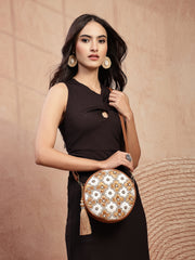 Anekaant Petal Posh Caramel Brown Embellished Cotton Canvas Sling Bag