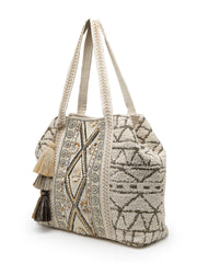 Anekaant Folklore Edit Ivory Geometric Shell Embellished Jacquard Hobo Bag