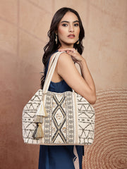 Anekaant Folklore Edit Ivory Geometric Shell Embellished Jacquard Hobo Bag