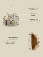 Anekaant Folklore Edit Ivory Geometric Shell Embellished Jacquard Hobo Bag