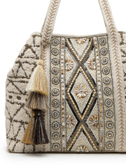 Anekaant Folklore Edit Ivory Geometric Shell Embellished Jacquard Hobo Bag