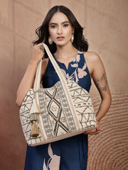 Anekaant Folklore Edit Ivory Geometric Shell Embellished Jacquard Hobo Bag