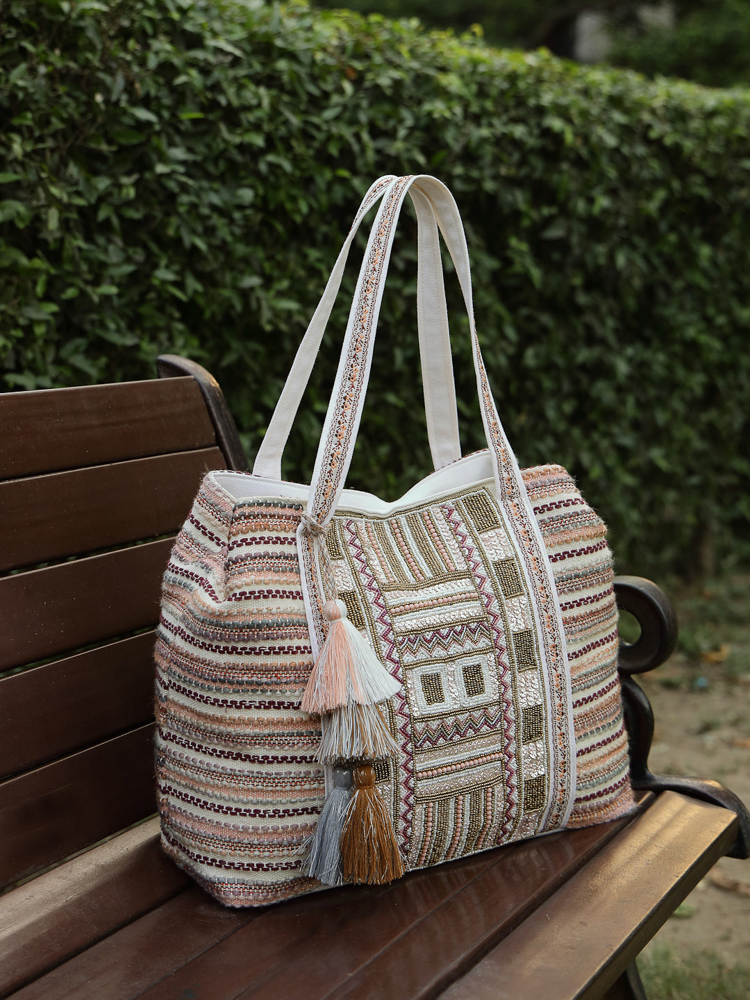 Anekaant Folklore Edit Blush Pink Tribal Geometric Jacquard Hobo Bag