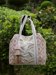 Anekaant Folklore Edit Blush Pink & Gold Abstract Beaded Jacquard Hobo Bag