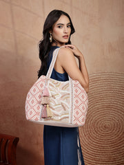Anekaant Folklore Edit Blush Pink & Gold Abstract Beaded Jacquard Hobo Bag