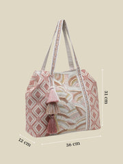 Anekaant Folklore Edit Blush Pink & Gold Abstract Beaded Jacquard Hobo Bag