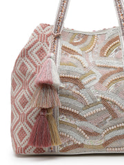 Anekaant Folklore Edit Blush Pink & Gold Abstract Beaded Jacquard Hobo Bag
