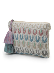 Anekaant Tribal Sutra Off White & Pastel Scallop Beaded Cotton Sling Bag