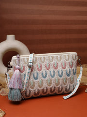 Anekaant Tribal Sutra Off White & Pastel Scallop Beaded Cotton Sling Bag