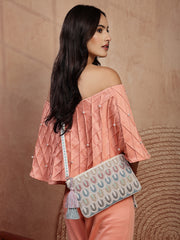 Anekaant Tribal Sutra Off White & Pastel Scallop Beaded Cotton Sling Bag