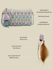 Anekaant Tribal Sutra Off White & Pastel Scallop Beaded Cotton Sling Bag