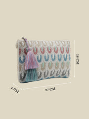 Anekaant Tribal Sutra Off White & Pastel Scallop Beaded Cotton Sling Bag