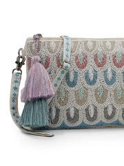 Anekaant Tribal Sutra Off White & Pastel Scallop Beaded Cotton Sling Bag