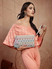 Anekaant Tribal Sutra Off White & Pastel Scallop Beaded Cotton Sling Bag