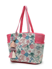 Anekaant Beaded Muse Off White & Pink Marine Embroidered Jacquard Tote Bag