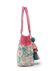 Anekaant Beaded Muse Off White & Pink Marine Embroidered Jacquard Tote Bag