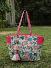 Anekaant Beaded Muse Off White & Pink Marine Embroidered Jacquard Tote Bag
