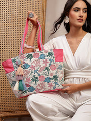 Anekaant Beaded Muse Off White & Pink Marine Embroidered Jacquard Tote Bag