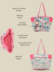 Anekaant Beaded Muse Off White & Pink Marine Embroidered Jacquard Tote Bag