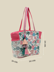 Anekaant Beaded Muse Off White & Pink Marine Embroidered Jacquard Tote Bag