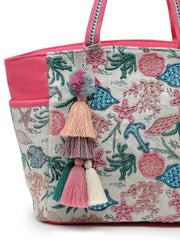 Anekaant Beaded Muse Off White & Pink Marine Embroidered Jacquard Tote Bag