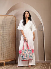 Anekaant Beaded Muse Off White & Pink Marine Embroidered Jacquard Tote Bag