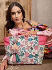 Anekaant Beaded Muse Off White & Pink Marine Embroidered Jacquard Tote Bag