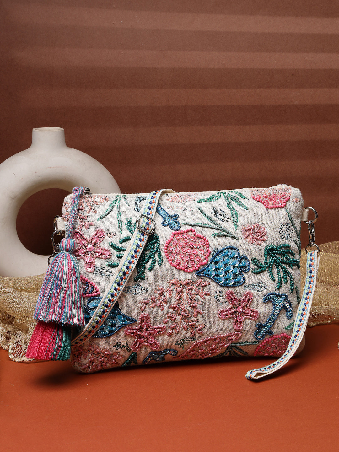 Anekaant Beaded Muse Off White & Multi Marine Embroidered Jacquard Sling Bag