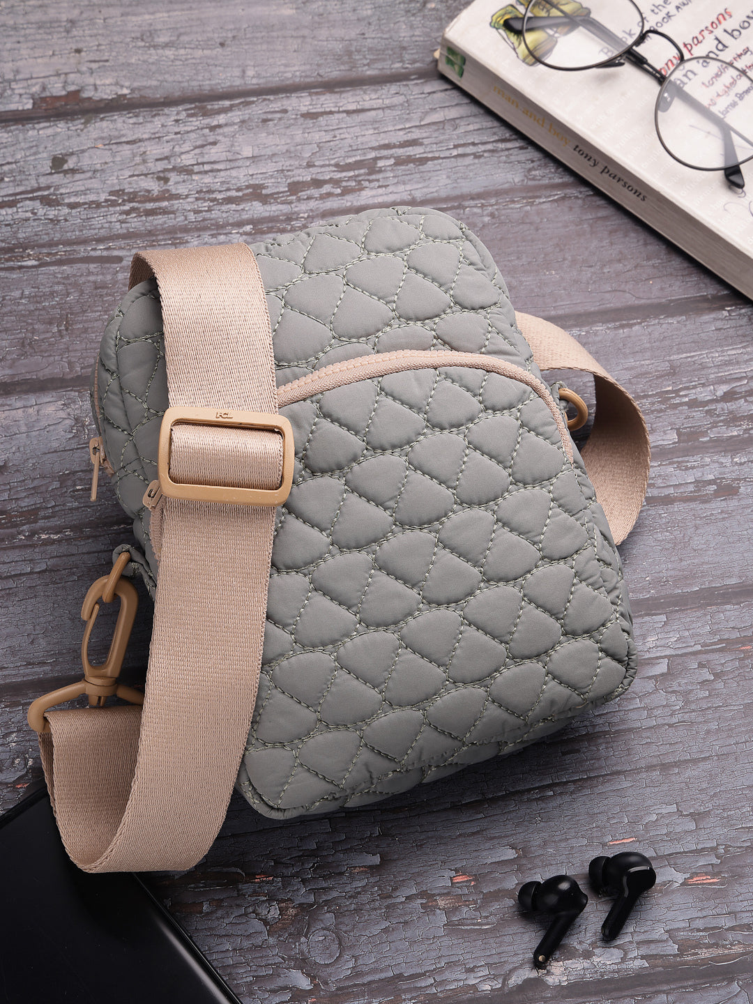 Drift Olive Green Polyester Teardrop Quilted Sling Bag