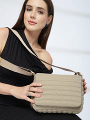 Drift Beige Polyester Striped Quilted Sling Bag