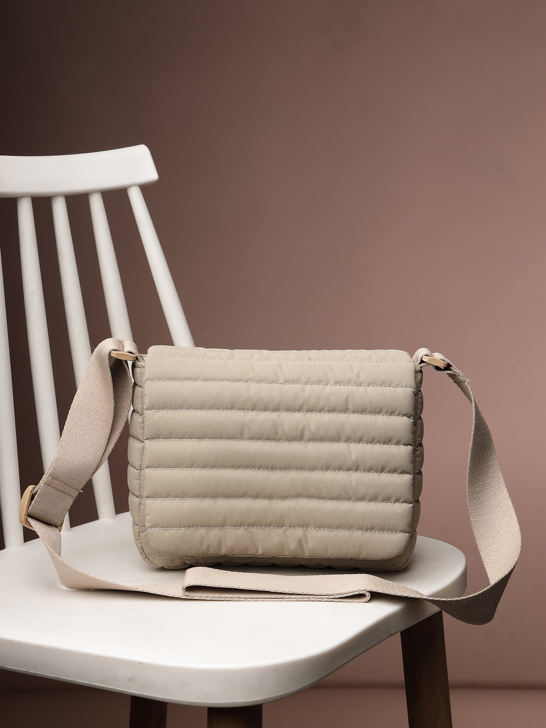 Drift Beige Polyester Striped Quilted Sling Bag