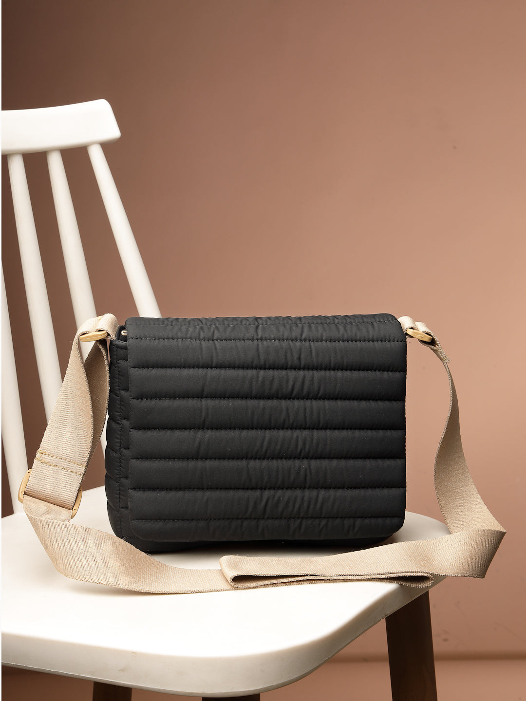 Drift Black Polyester Striped Quilted Sling Bag