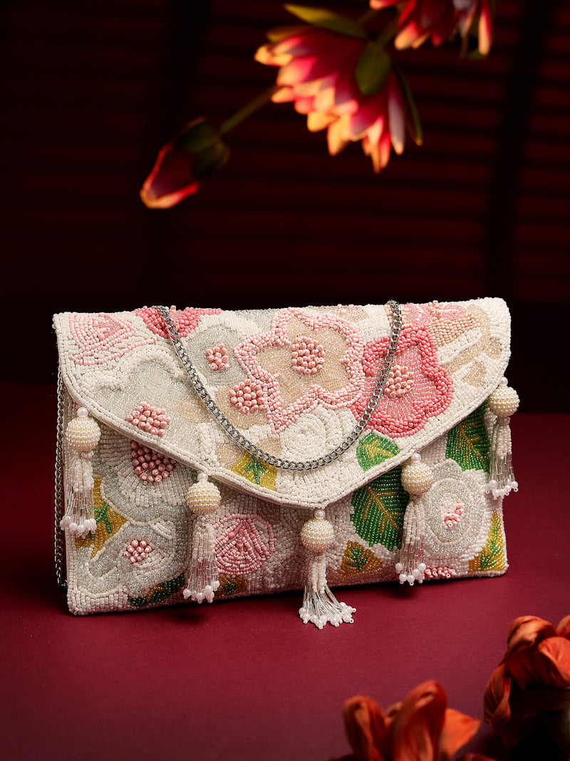 Lush Floral Embellished Cotton Canvas Sling Bag
 - White