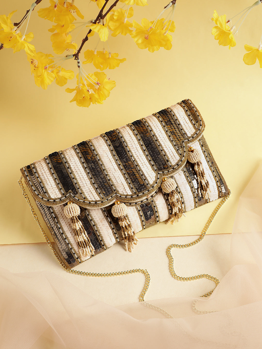 Tassel Tales Sequined Faux Silk Sling Bag